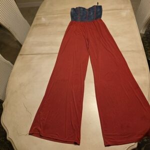 NWT Vintage Y2K Beware! Denim & Red Wide-Leg Jumpsuit M Strapless Palazzo